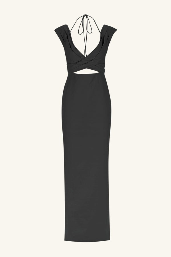 LANI CROSS FRONT RUCHED MAXI DRESS - BLACK_G