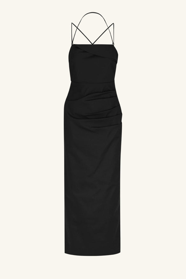 LANI DRAPED CROSS BACK MIDI DRESS - BLACK_G