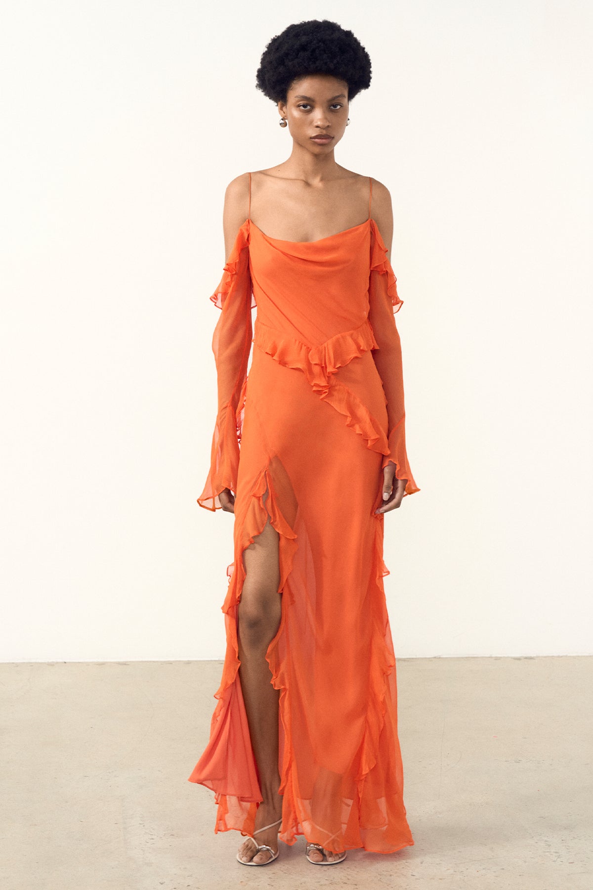 LAYLA LONG SLEEVE RUFFLE MAXI DRESS FLAME ORANGE DRESSES SHONA JOY Shona Joy