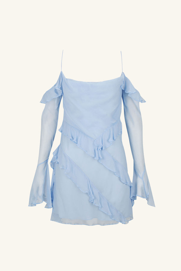 LAYLA LONG SLEEVE RUFFLE MINI DRESS - SKY_G