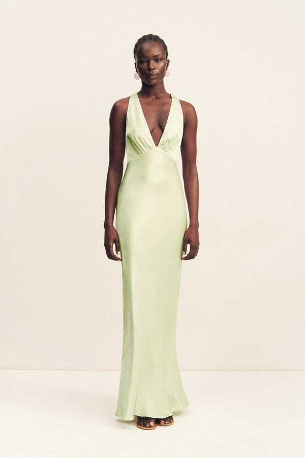 LA LUNE PLUNGED CROSS BACK MAXI DRESS - KEY LIME_F