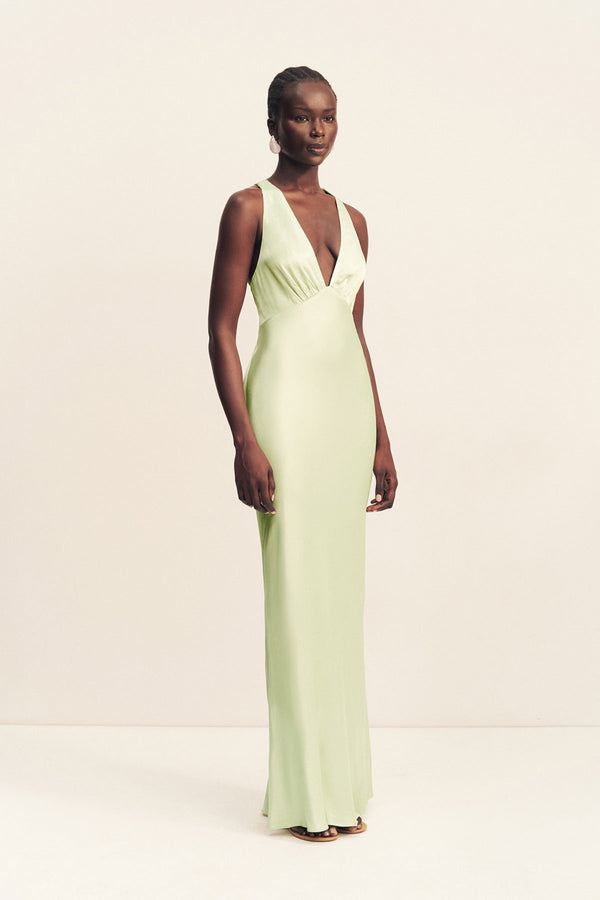 LA LUNE PLUNGED CROSS BACK MAXI DRESS - KEY LIME