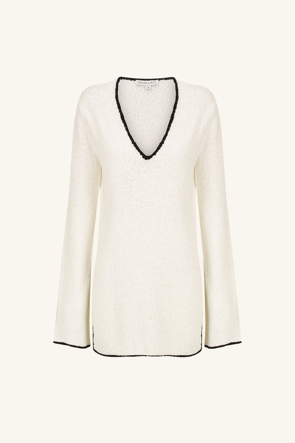 LENA PLUNGED LONG SLEEVE TOP - IVORY/BLACK_G