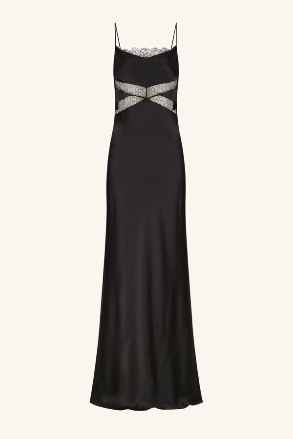 LETICIA SILK COWL NECK LACE MAXI DRESS - BLACK_G