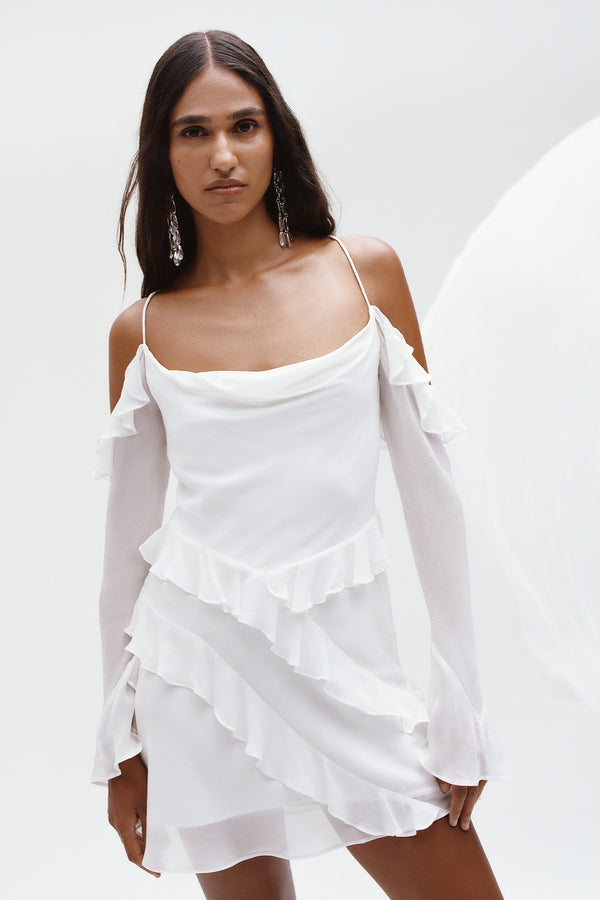 LIRA LONG SLEEVE RUFFLE MINI DRESS - IVORY_C