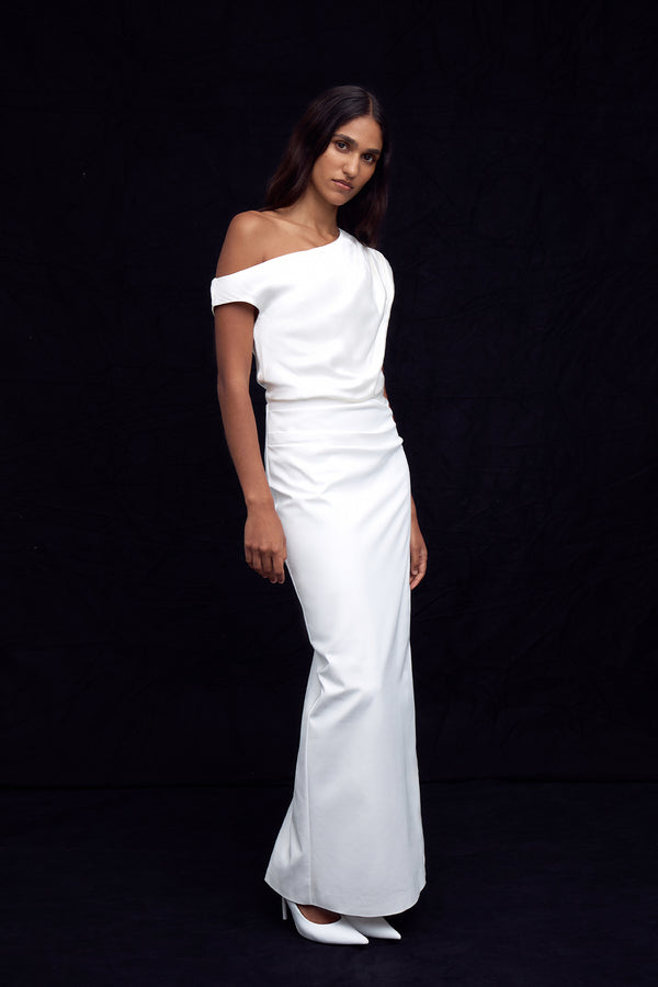 LUMINA CONTRAST DRAPED MAXI DRESS - WHITE_C