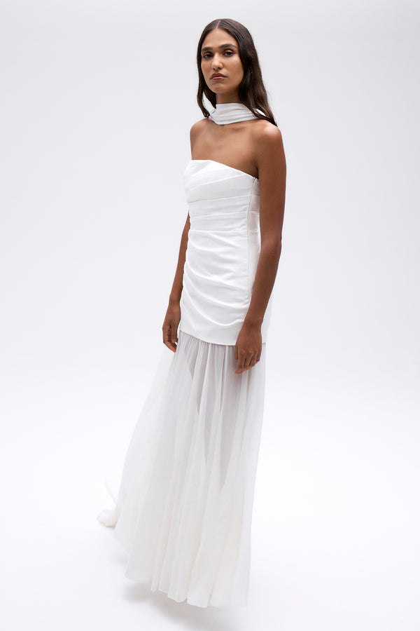 LUNAR STRAPLESS DRAPED MAXI DRESS - WHITE/IVORY_C