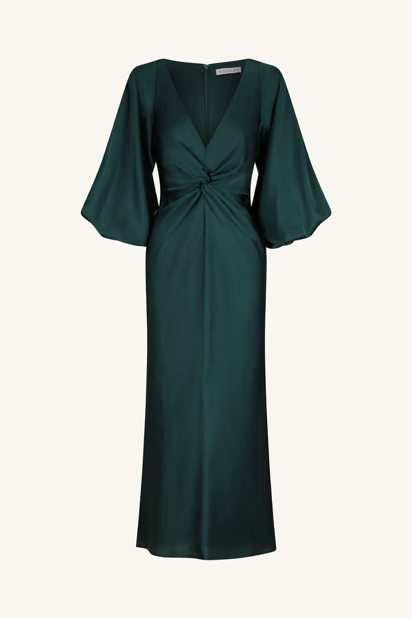 LUXE BALLOON SLEEVE KNOT FRONT MIDI DRESS - EMERALD_G