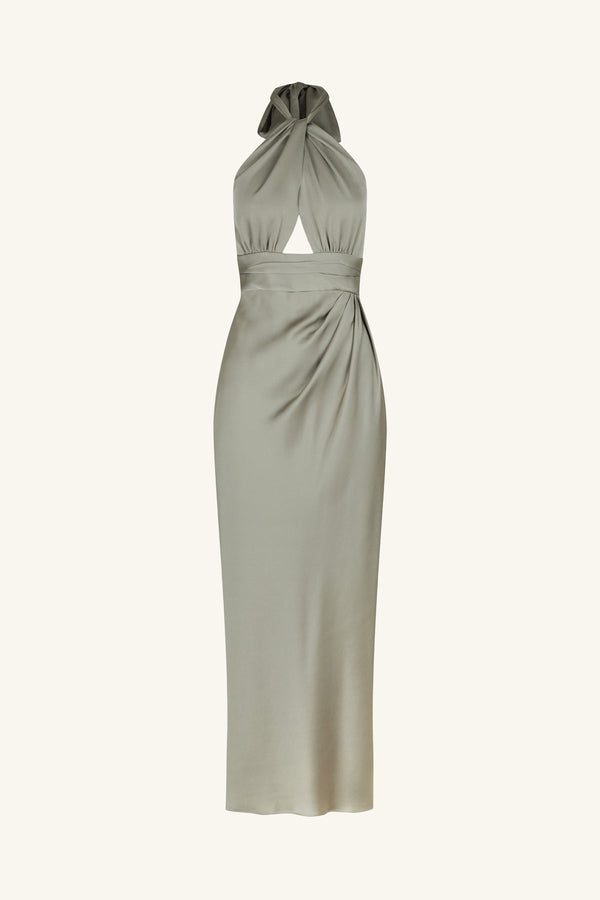 LUXE GATHERED HALTER MIDI DRESS - EUCALYPTUS_G