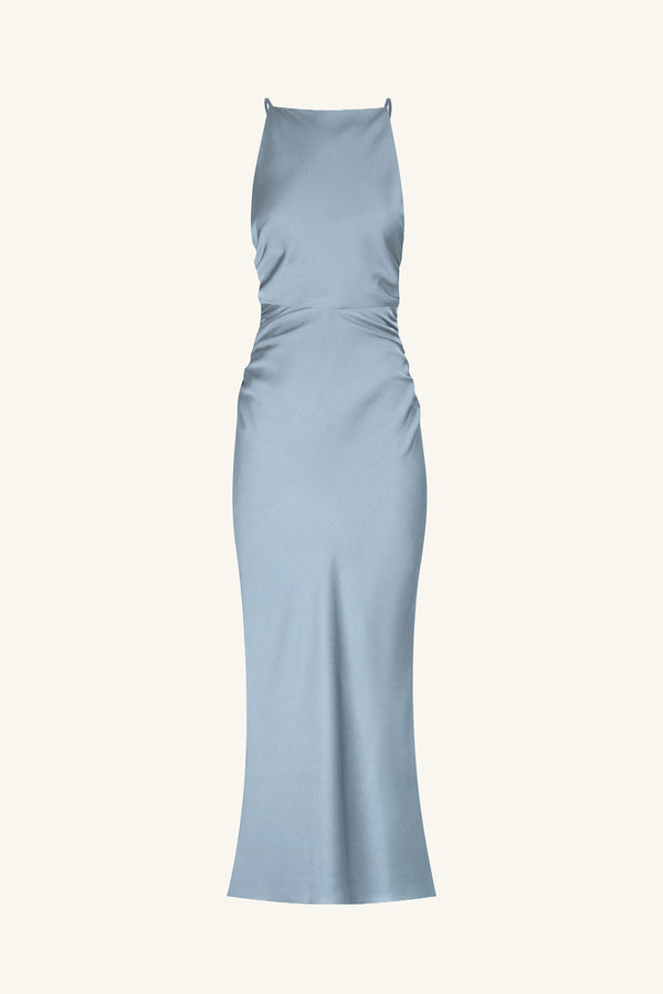 LUXE HIGH NECK RUCHED MIDI DRESS - AZURE_G