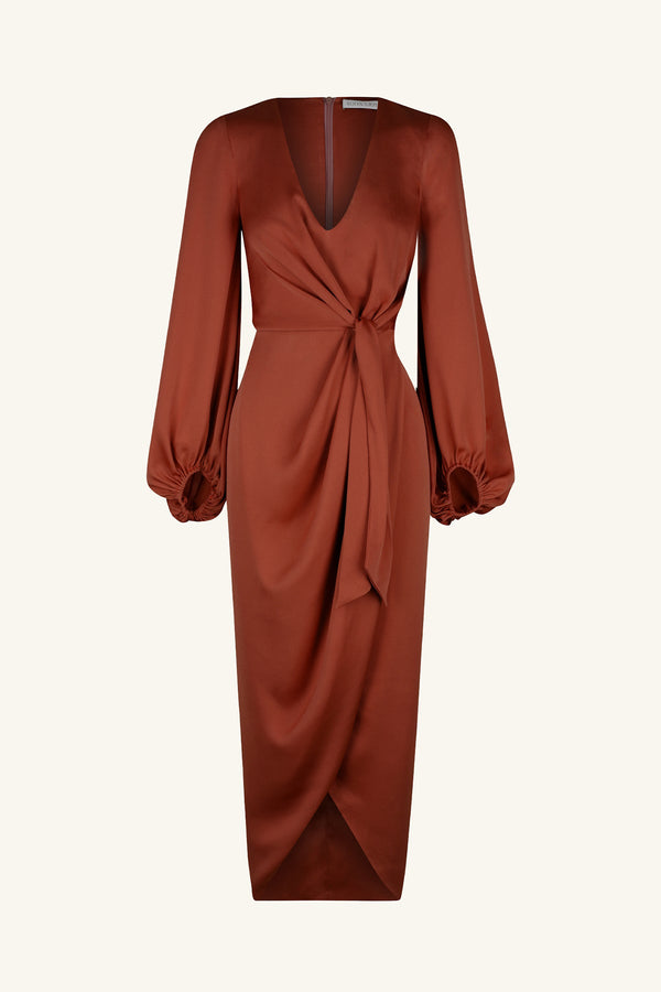 LUXE TIE FRONT BALLOON SLEEVE MIDI DRESS - SANGRIA_G