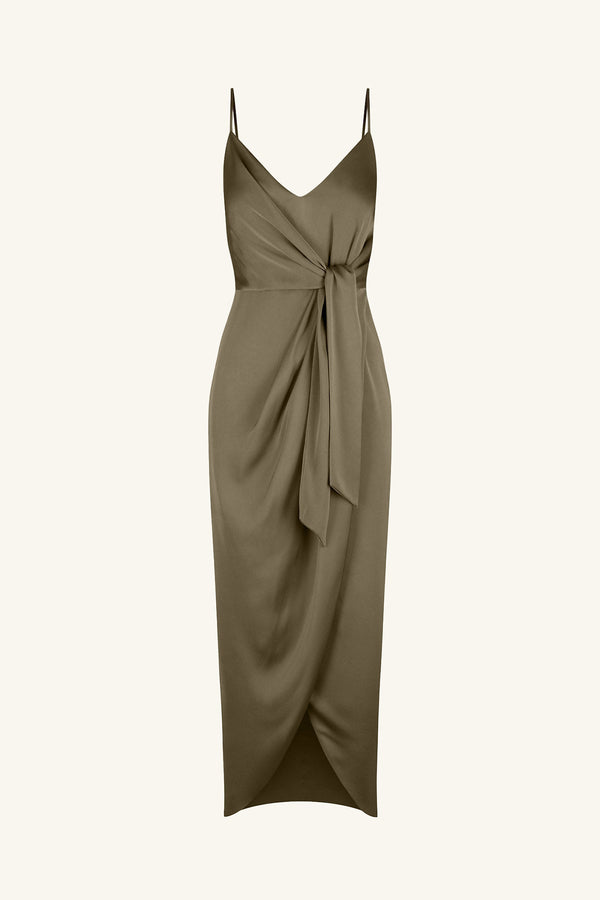 LUXE TIE FRONT COCKTAIL DRESS - PINE_G