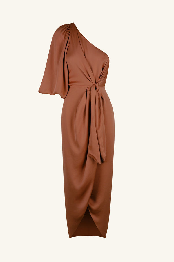 LUXE TIE FRONT ONE SHOULDER DRESS - MOCHA_G