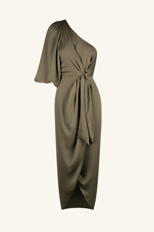 LUXE TIE FRONT ONE SHOULDER DRESS - PINE_G