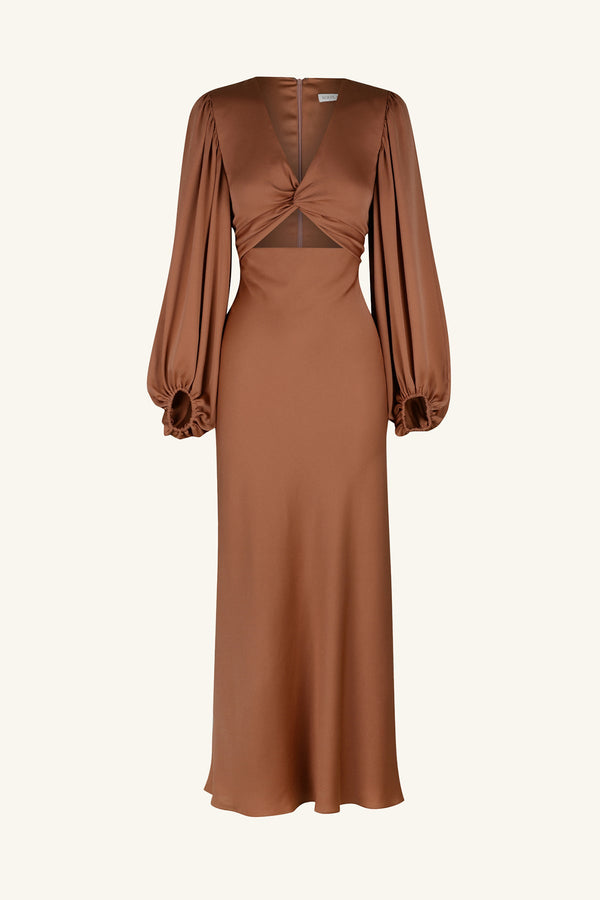 LUXE TWIST FRONT BALLOON SLEEVE MIDI DRESS - MOCHA_G
