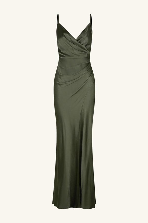 LA LUNE CROSS DRAPED MAXI DRESS - FOREST_G