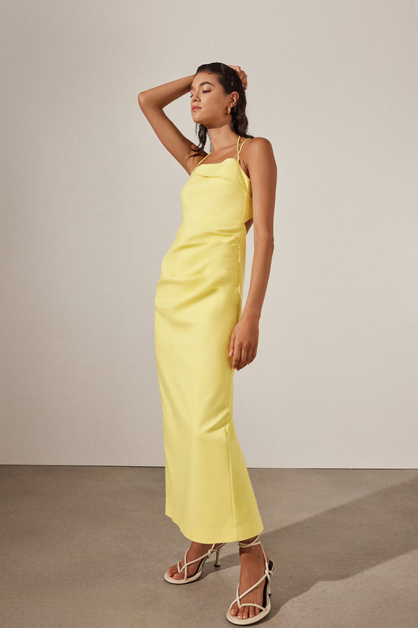 LANI DRAPED CROSS BACK MIDI DRESS - LEMON_C