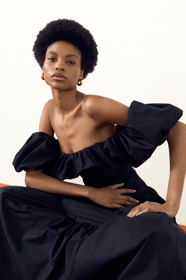 MAIORI OFF SHOULDER RUCHED BODICE MAXI DRESS - BLACK_C