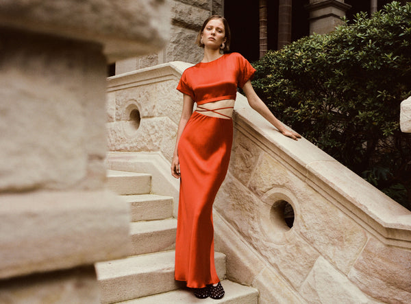 MILENNA SILK BIAS TIE MAXI SKIRT - CHILLI RED_C