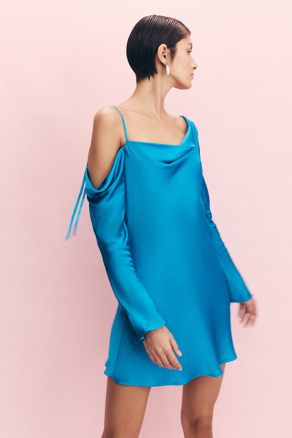 NORA ASYMMETRICAL LONG SLEEVE MINI DRESS - AQUA_C