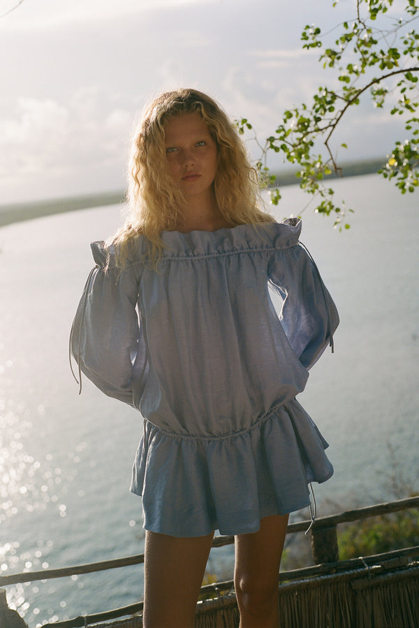 MARLOWE LINEN BLEND OFF SHOULDER MINI DRESS - CHAMBRAY