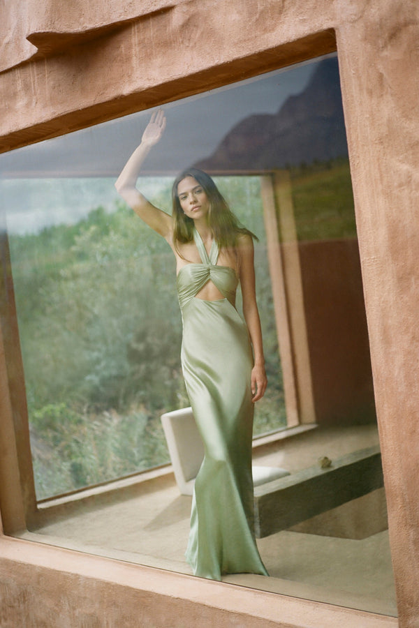 LA LUNE RUCHED HALTER MAXI DRESS - FERN