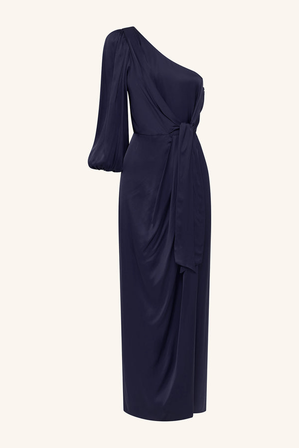 LUMIERE TIE FRONT ONE SHOULDER MIDI DRESS - NIGHT SKY_G