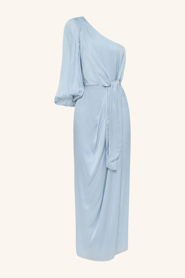 LUMIERE TIE FRONT ONE SHOULDER MIDI DRESS - CLOUD DRIFT_G