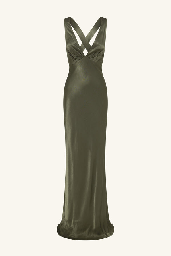 LA LUNE PLUNGED CROSS BACK MAXI DRESS - FOREST_G