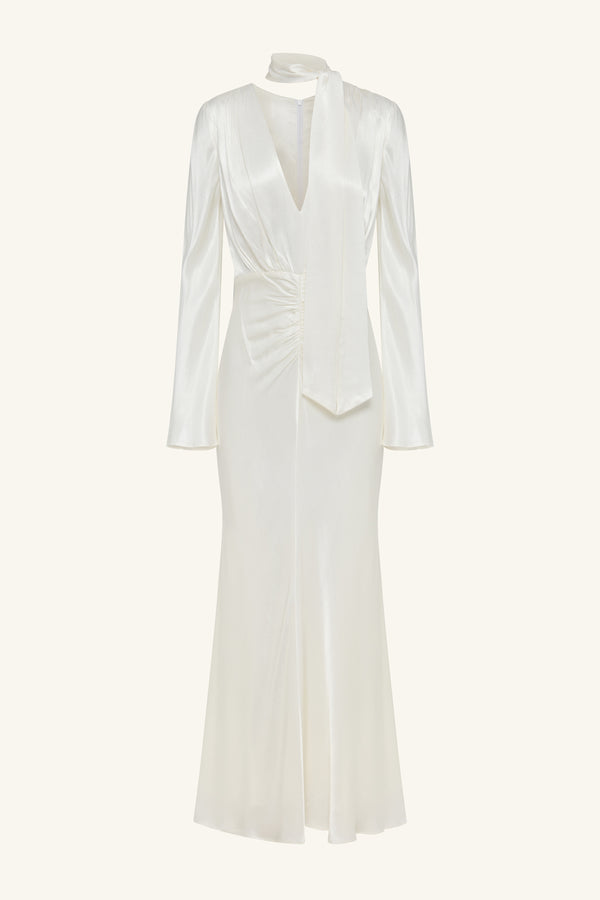 LA LUNE PLUNGED LONG SLEEVE MAXI DRESS - WHITE_G