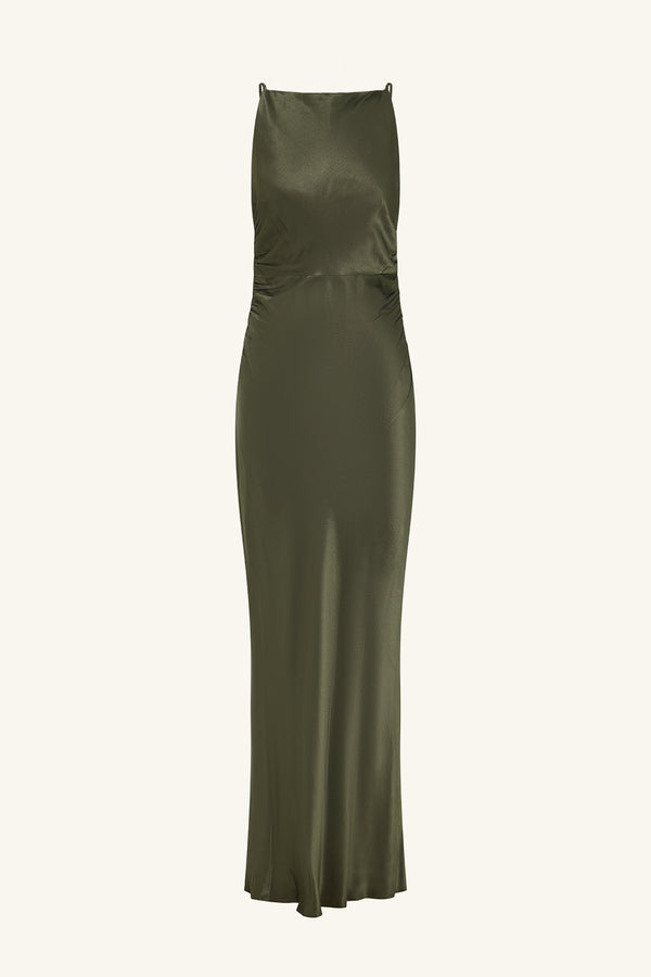 LA LUNE HIGH NECK RUCHED MAXI DRESS - FOREST_G