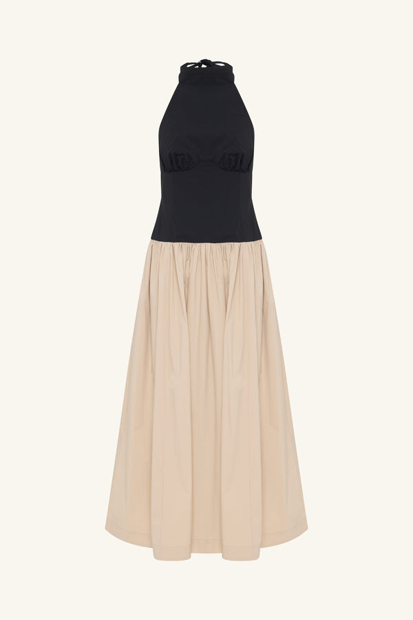 CAMPBELL CONTRAST HALTER NECK MIDI DRESS - OAT MILK_G