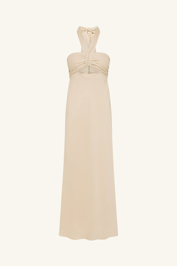 GIGI RUCHED HALTER MIDI DRESS - ECRU_G