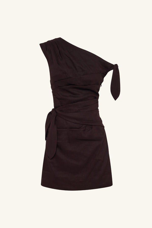 BROOKS ASYMMETRICAL TIE MINI DRESS - GANACHE_G