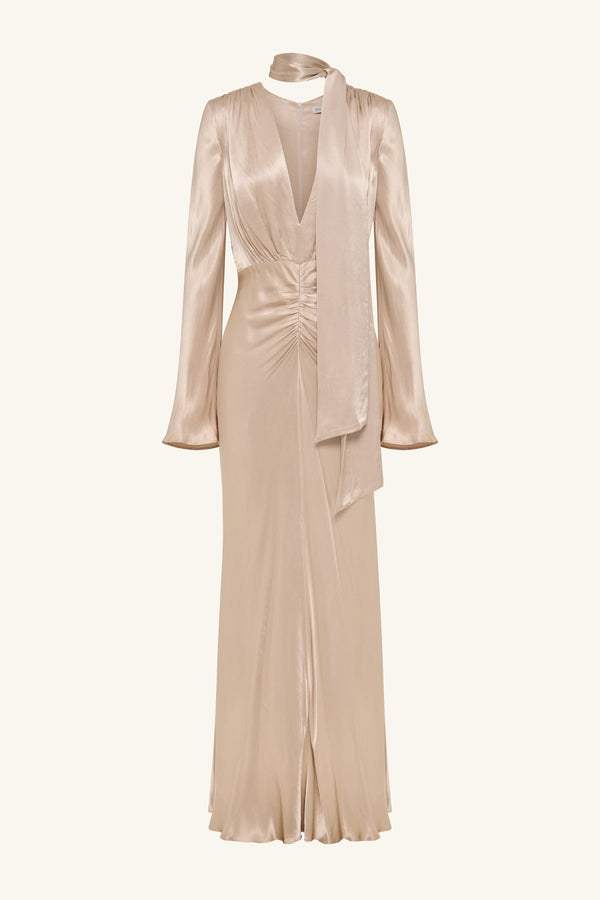 LA LUNE PLUNGED LONG SLEEVE MAXI DRESS - GOLD_G