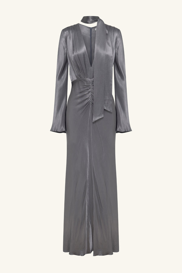LA LUNE PLUNGED LONG SLEEVE MAXI DRESS - GRAPHITE_G