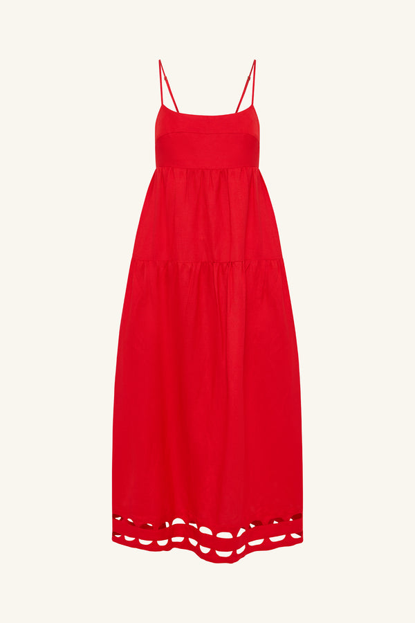 BIRDIE SCALLOP TIERED MIDI DRESS - RED ROSE_G