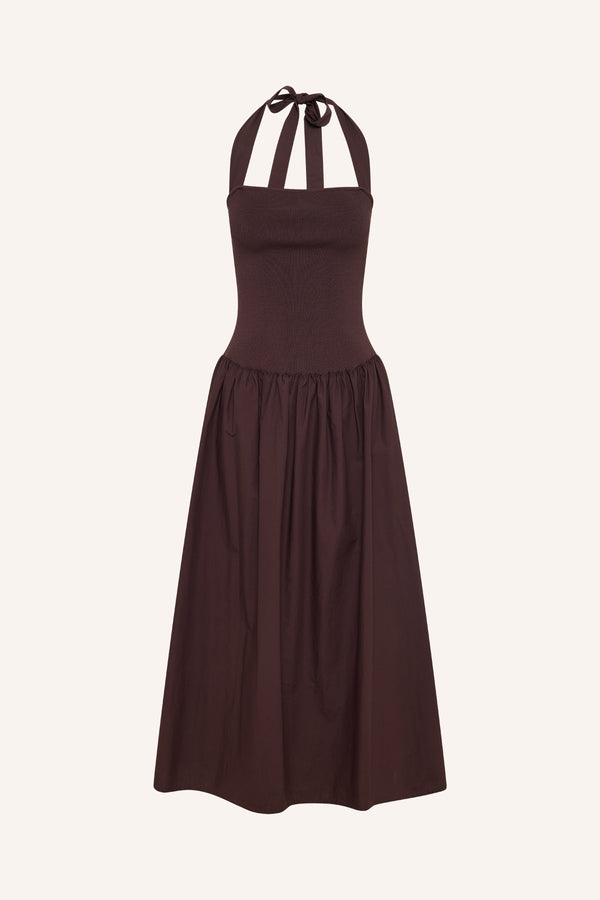 ALIAH HALTER TIE MIDI DRESS - COFFEE_G