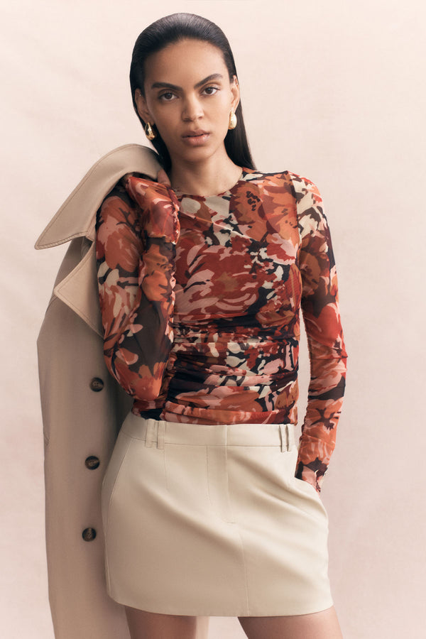 RUBI LONG SLEEVE ROUND NECK RUCHED TOP_C