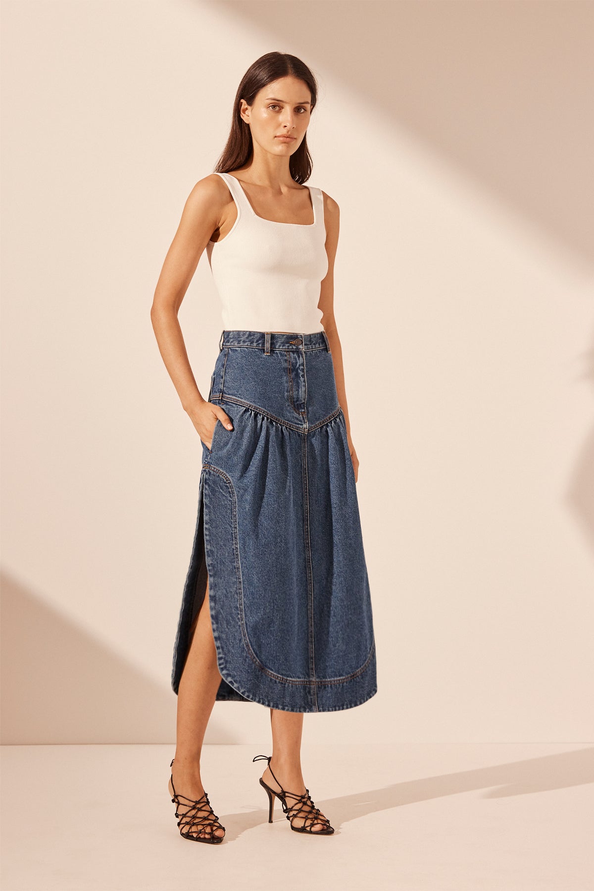 Frenchy High Waist Denim Midi Skirt Non stretch Mermaid - Temu