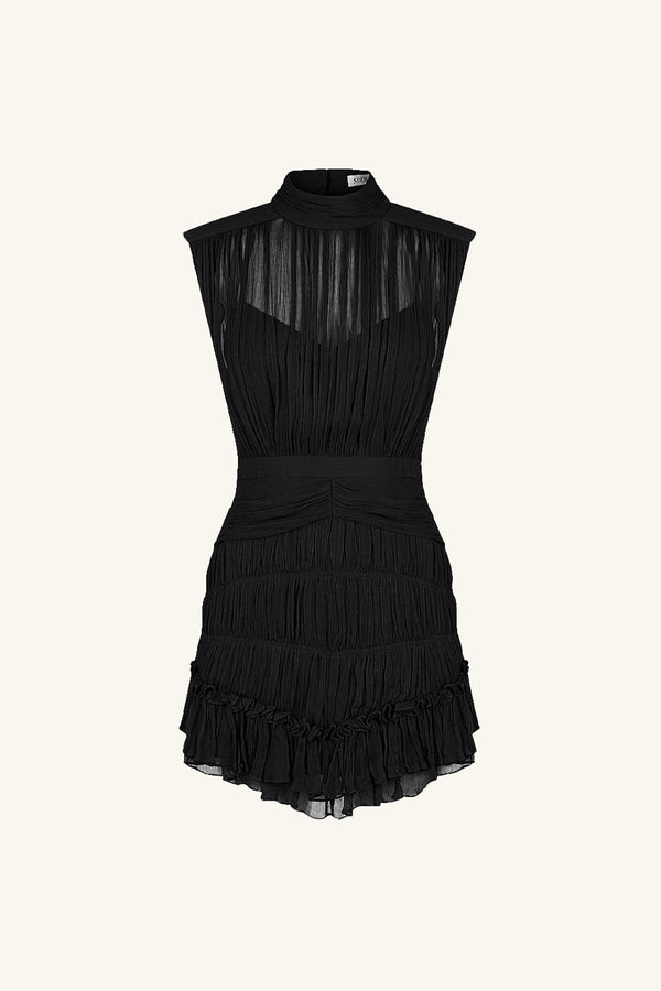 SAFIRA SLEEVELESS RUCHED MINI DRESS - BLACK_G