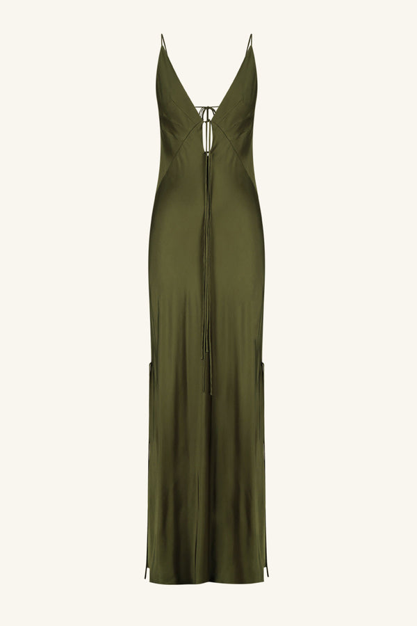 SHAE PLUNGED SLIP TIE MAXI DRESS - PINE GREEN_G