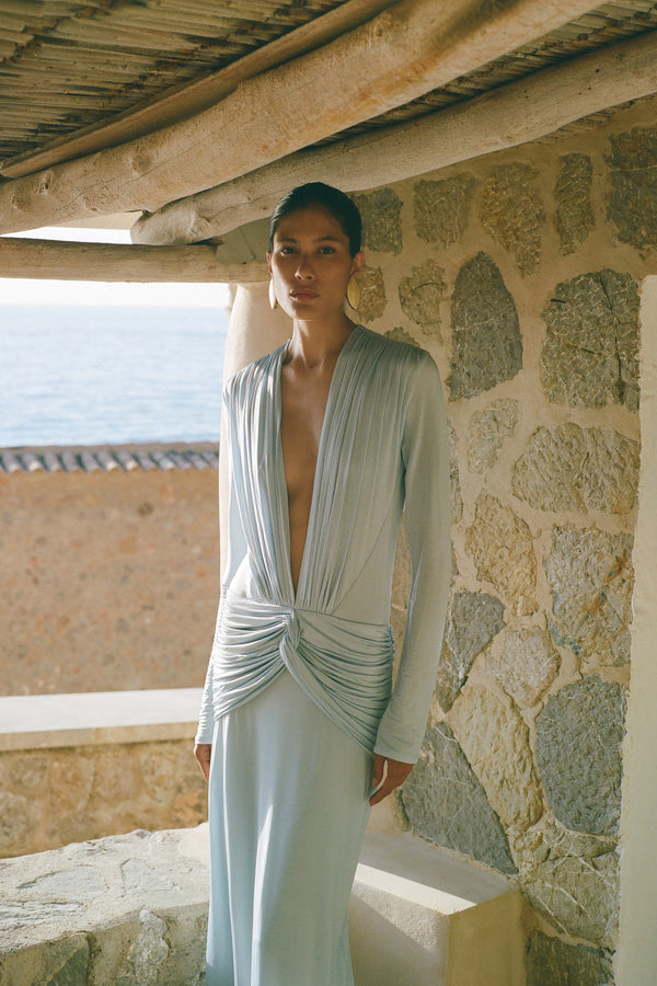 MIRO SLINKY JERSEY LONG SLEEVE PLUNGED MAXI DRESS - SKY