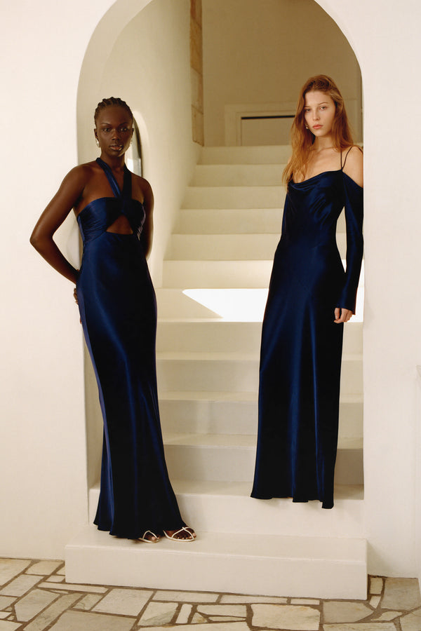 LA LUNE RUCHED HALTER MAXI DRESS - MIDNIGHT
