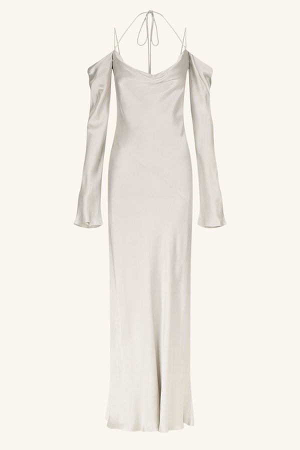 SOFIA OFF SHOULDER TIE MAXI DRESS - SILVER_G