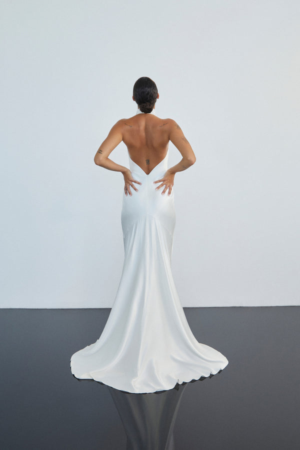 LA LUNE HIGH COWL OPEN BACK GOWN - WHITE