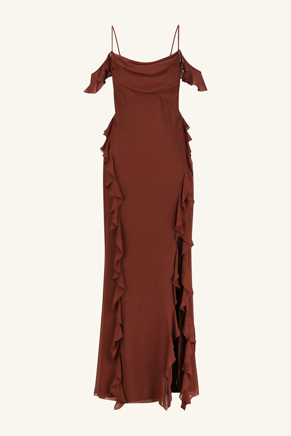 BLAIR RUFFLE COWL MAXI DRESS - COCOA_G
