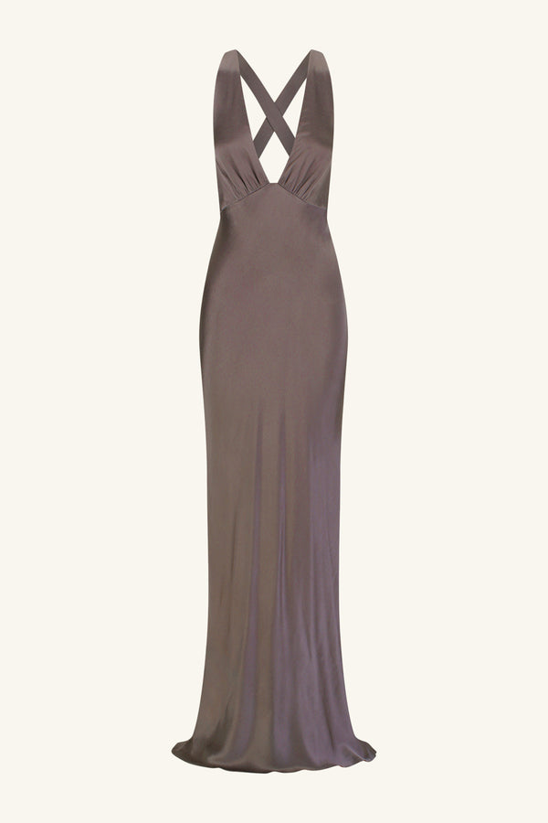 LA LUNE PLUNGED CROSS BACK MAXI DRESS - GRAPHITE_G