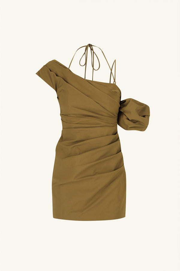 LANI ASYMMETRICAL DRAPED MINI DRESS - ARMY GREEN_G
