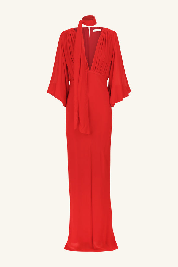 AMINA PLUNGE BALLOON SLEEVE MAXI DRESS - CHILLI_G